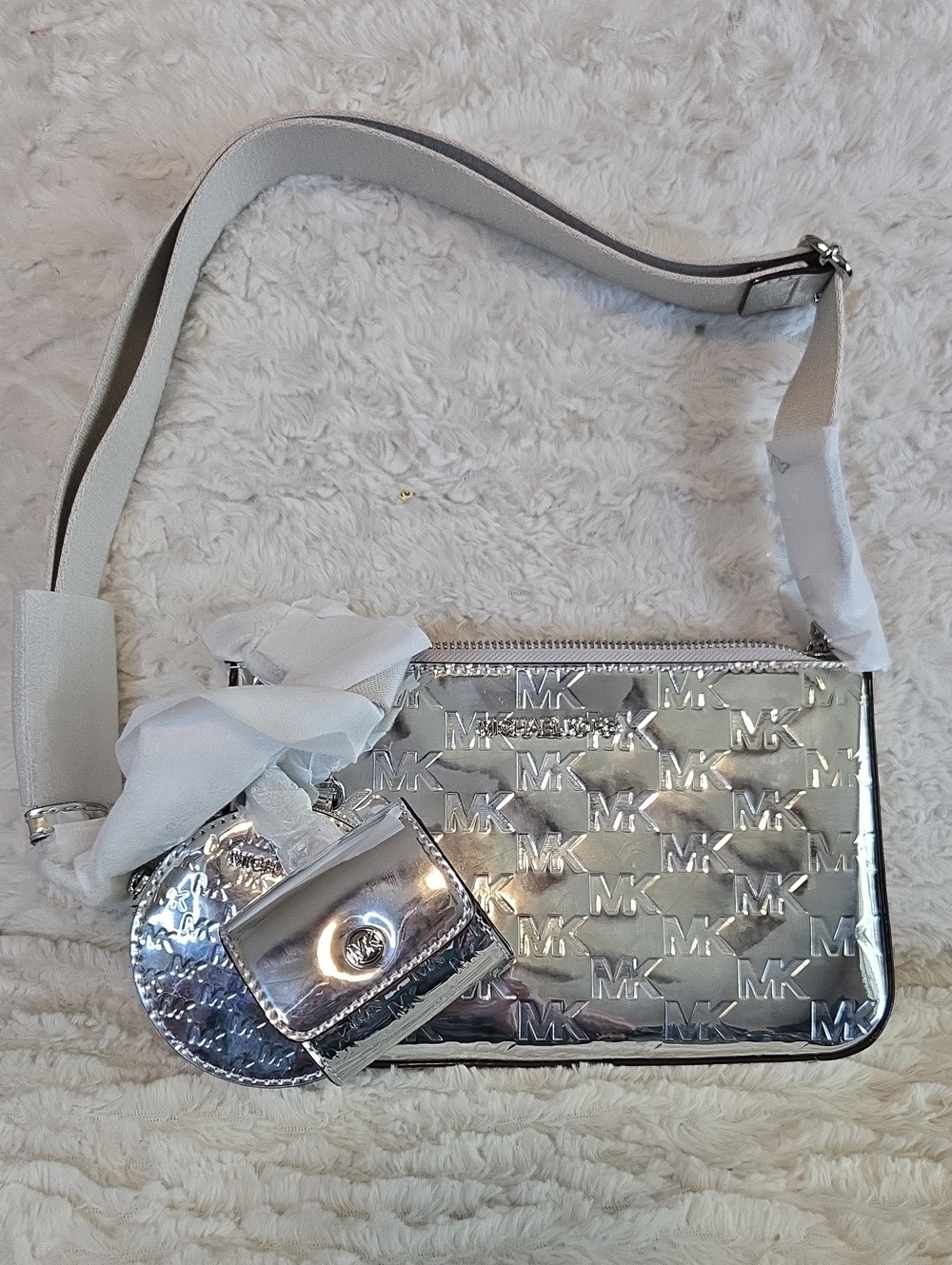 Michael Kors Metallic Silver MK Logo Crossbody Bag